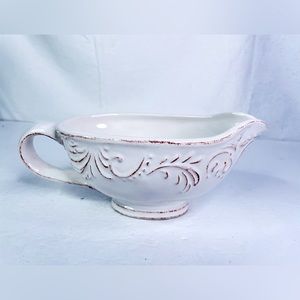 PIER 1 White Antique Scroll Dolomite Stoneware Gravy Sauce Boat Embossed